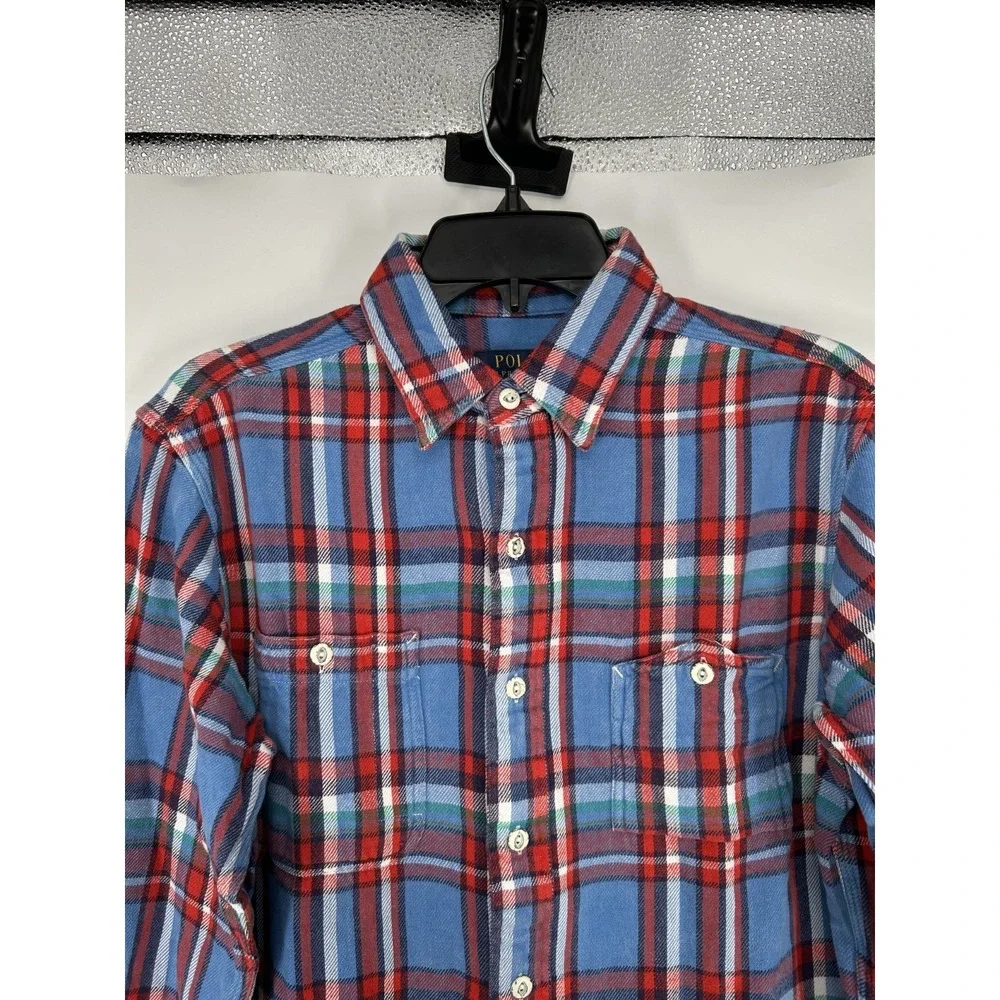 Polo Ralph Lauren Button Up Shirt Mens Small Blue Red Plaid Flannel‎ Two Pockets